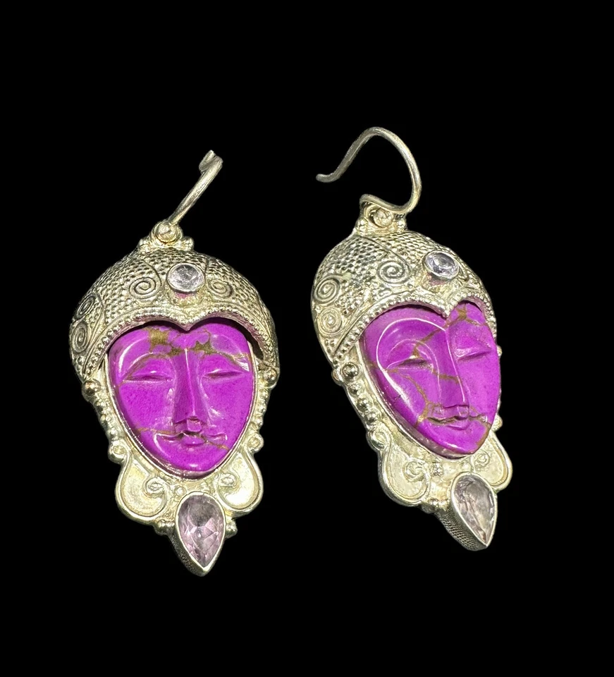 Silver Plate Bali Ethnic Gemstone Carved Face Earrings Amethyst Dangle Hook - Image 2 of 4
