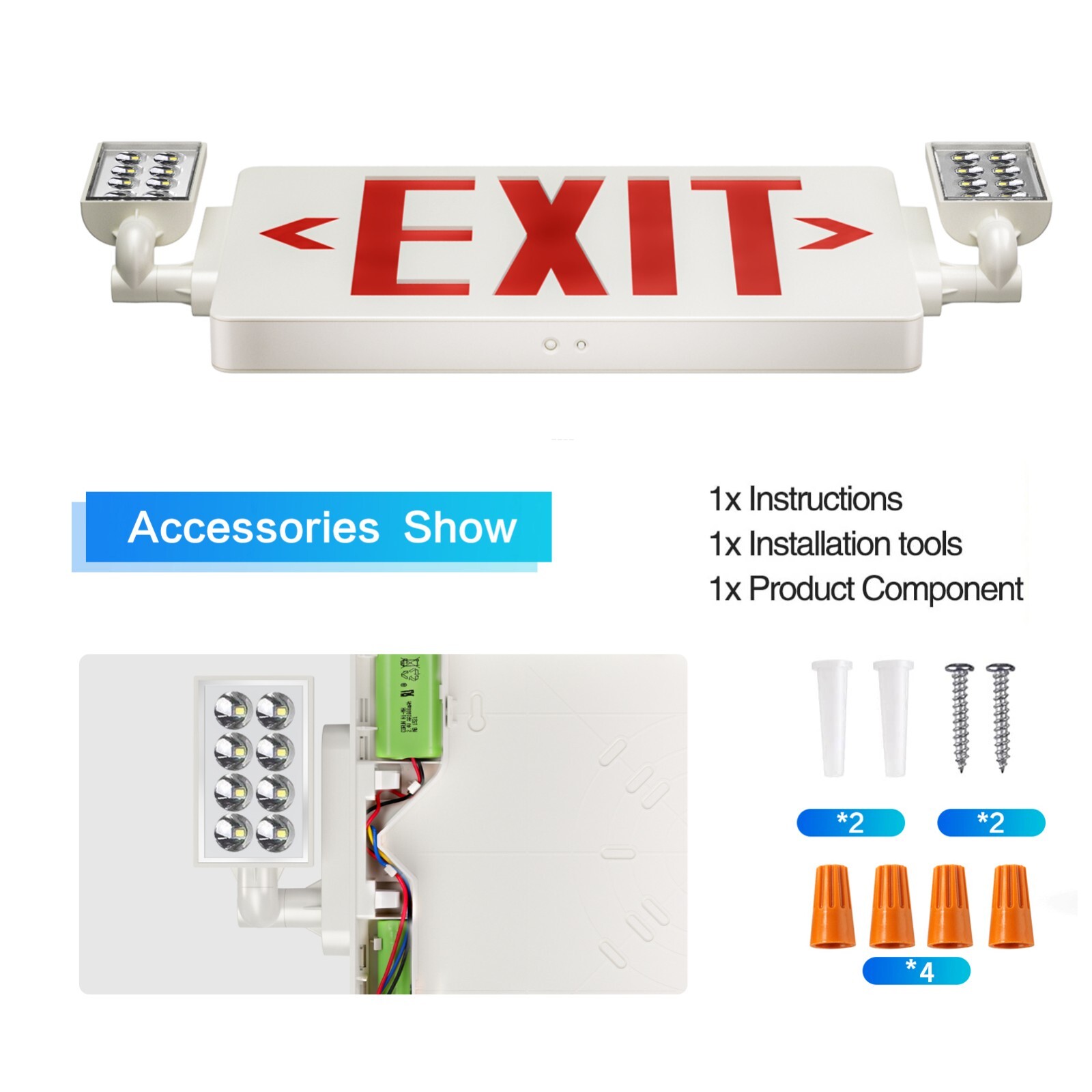 UL Listed-4 Packs  Led Red Exit Sign Combo  with Lights Battery Backup Set.