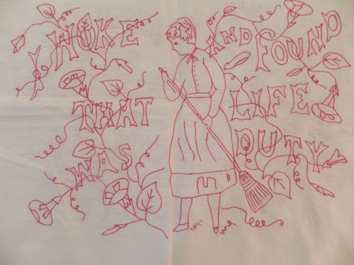 VTG Unique Rare Double Pillow Layover Hand Embroidered w/Lady Saying, White/Red - Picture 5 of 16