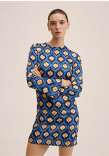 NWT Mango Retro Print Dress Blue Mini Shift Size 2 Long Sleeve