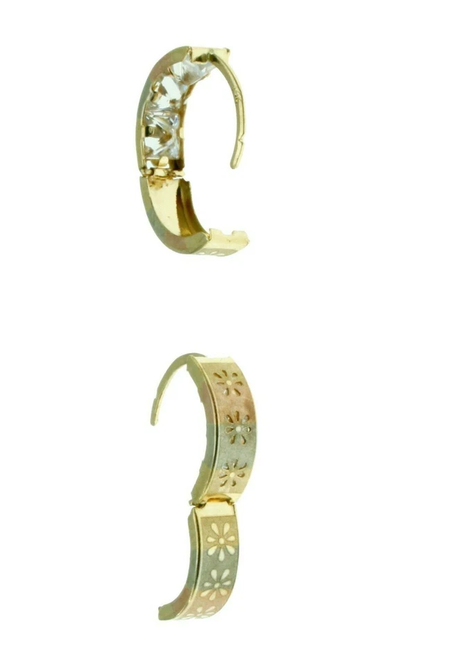 New Flower design on Multi Tone 14K Solid Gold Reversible Huggies Hoop Earrings  - Image 2 of 4