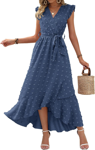 BTFBM Women V Neck Summer Dress 2025 Cap Sleeve Swiss Dot Boho Flowy Ruffle Slit - Picture 10 of 12