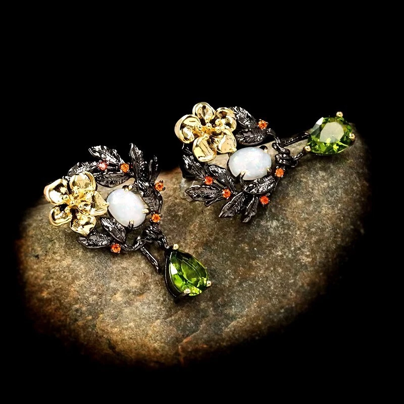 Ohrringe Blume Perle Grün Zirkon Opal Schmuck Luxus Schwarz Gold 925 Sterling - Bild 3 von 4