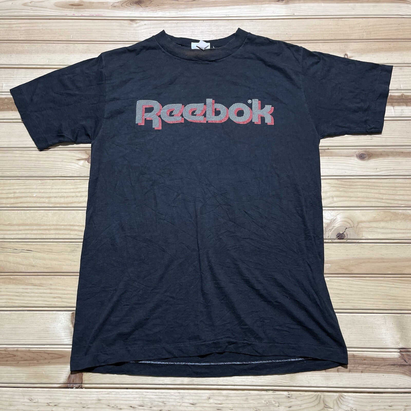 Vintage 90s Reebok Spellout Logo Black Red Single Stitch Shirt - Size Medium