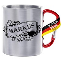 Edelstahltasse Mit Karabiner - Motiv Banderole Wunschname