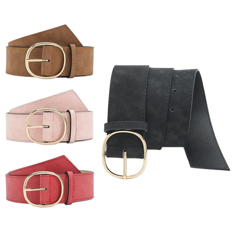 Women Gold Oval Pin Buckle Wide Faux Leather Dress Jeans  display picture 2