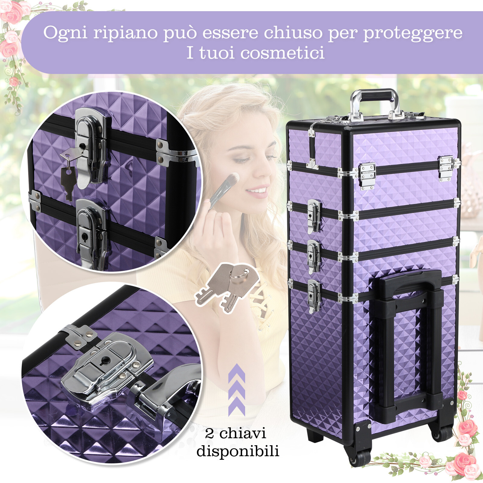 HOMCOM Trolley Makeup da Viaggio Professionale Viola (33.5x23x76/95.5cm)