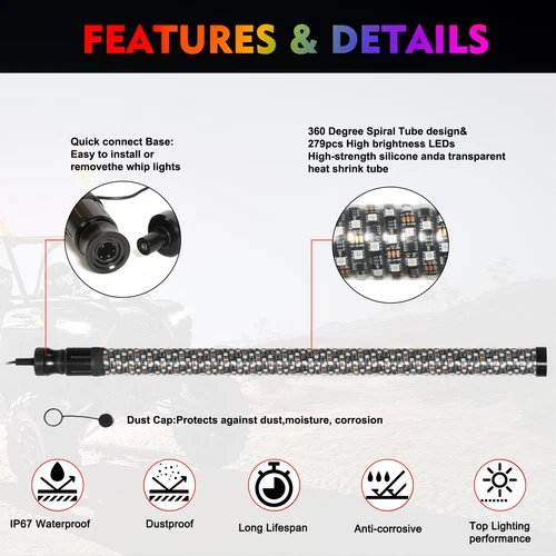 2x 3FT Fat led Whip Lights RGB Spiral Chasing Light Flag Pole Antenna For Can-Am - Picture 3 of 10
