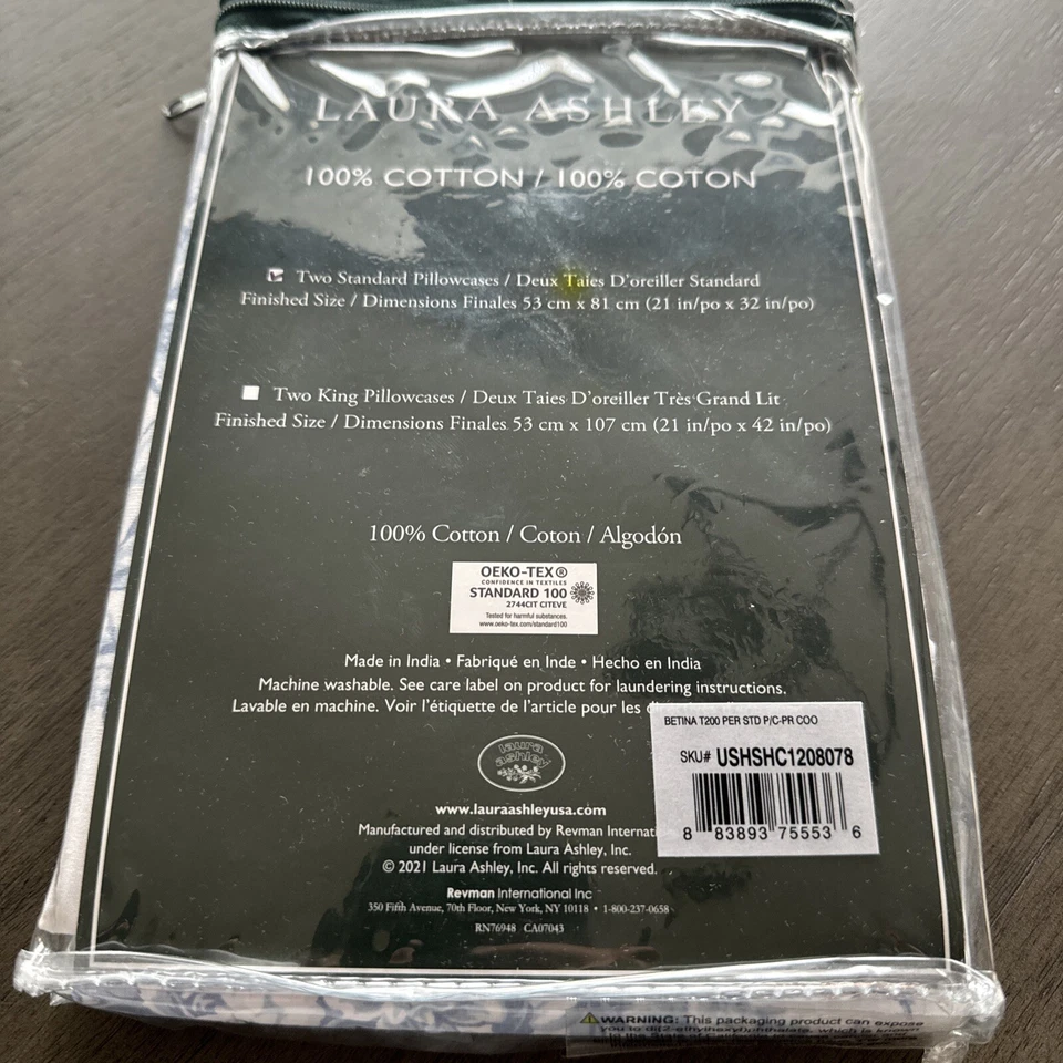Juego de 2 Fundas de Almohada Estándar Laura Ashley BETINA Blanco y Azul Floral Nuevo con Etiquetas Foto 4 de 4