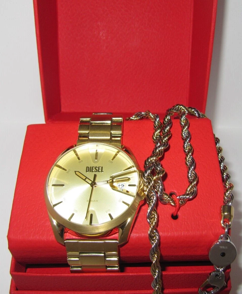 Diesel DZ2163SET MS9 Gold Stainless Steel 3 Hand Men\'s Watch & 2 tone Chain  NWT | eBay