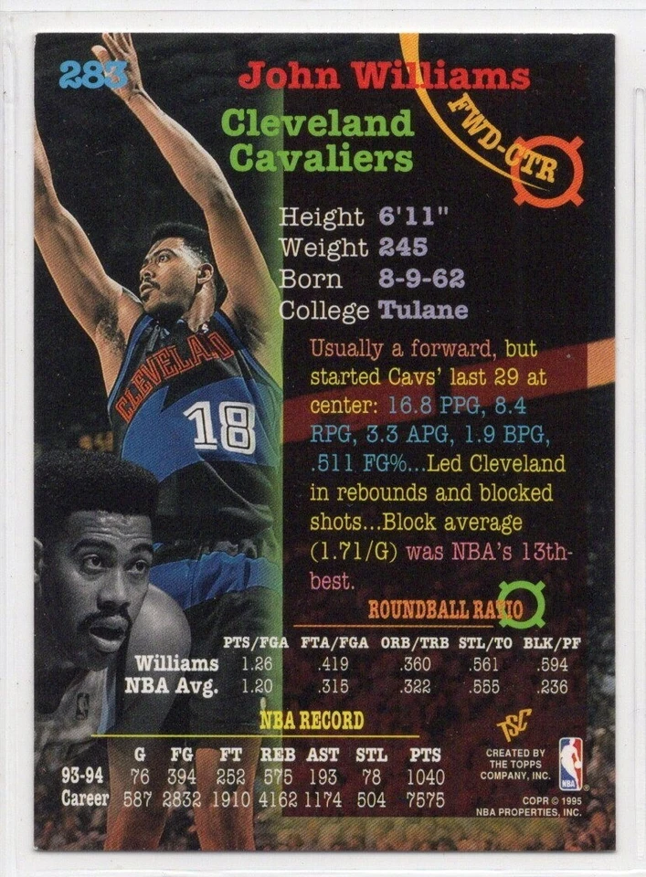1994-95 Topps Stadium Club John Williams Cleveland Cavaliers #283 Foto 2 de 2