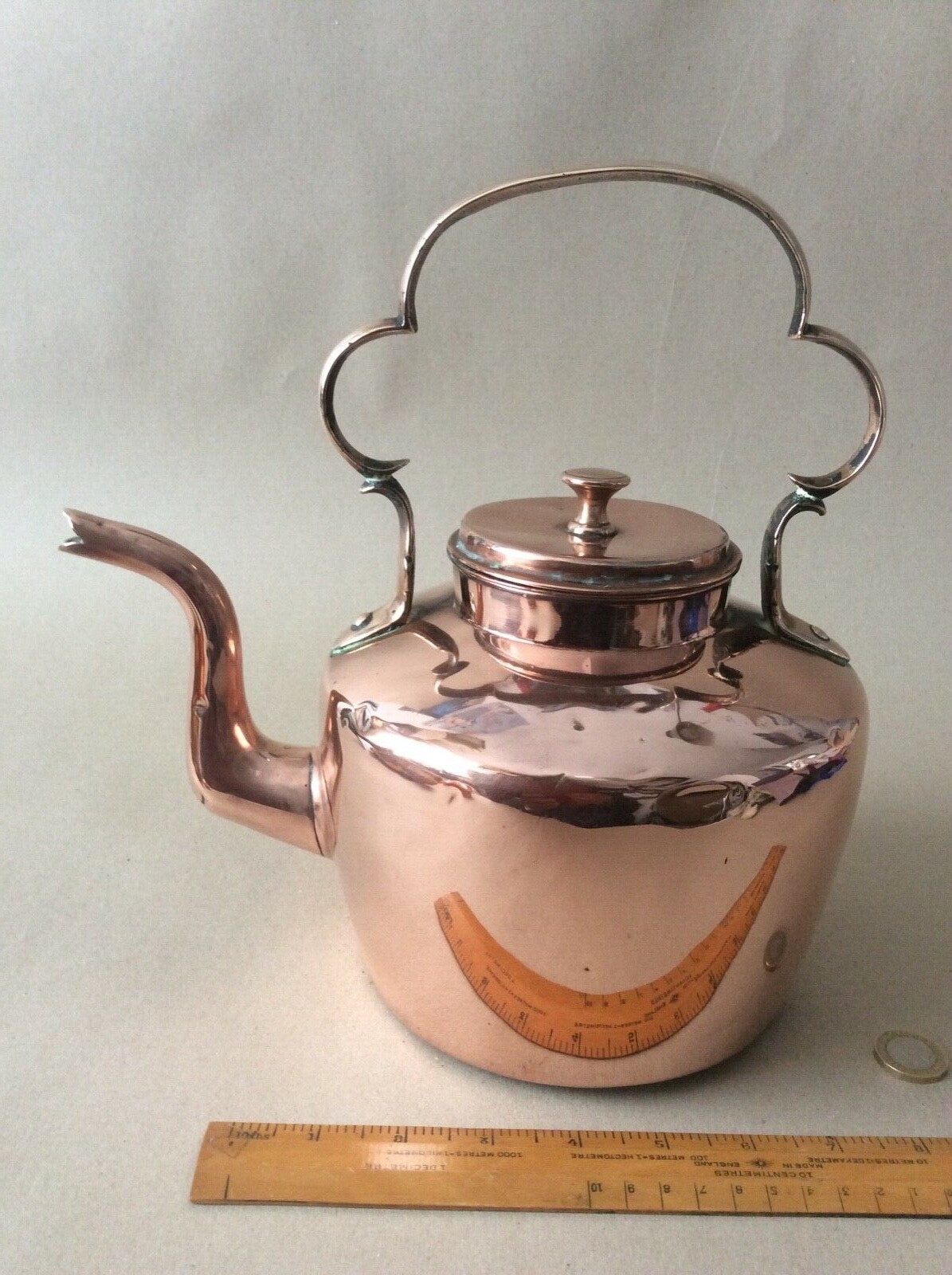 UNUSUAL ANTIQUE COPPER KETTLE CAST BRASS C SCROLL HANDLE