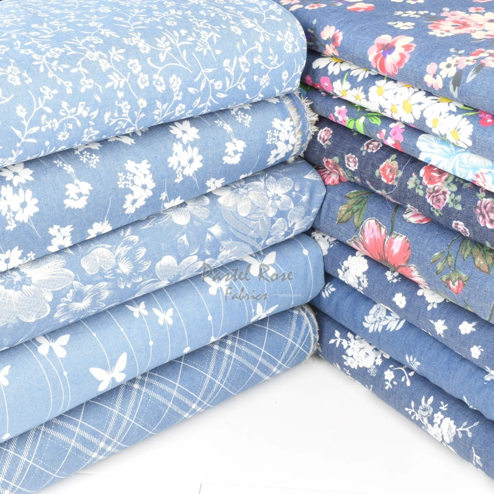 JOHN LOUDEN Floral 100% Cotton Denim Lightweight Fabric extra wide 58" by Half metre
