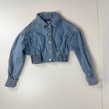Missguided Light Wash Cropped Denim Jacket Elastic Waist Blue US 8