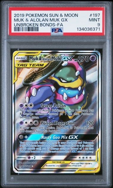 2019 POKEMON SUN & MOON UNBROKEN BONDS #197 FULL ART/MUK & ALOLAN MUK GX PSA 9