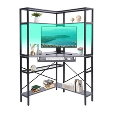 Triangular Computer Desk W/ Led Lights and Power Outlet, Home Office Corner Desk