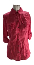 Saks Fifth Avenue Blue Women's Shirt Medium Pure Linen Button Down Pink Roll Tab