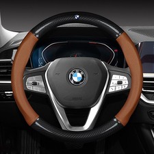 15"/38cm Pinhole Red Leather Auto Car Steering Wheel Cover Carbon Fiber For BMW
