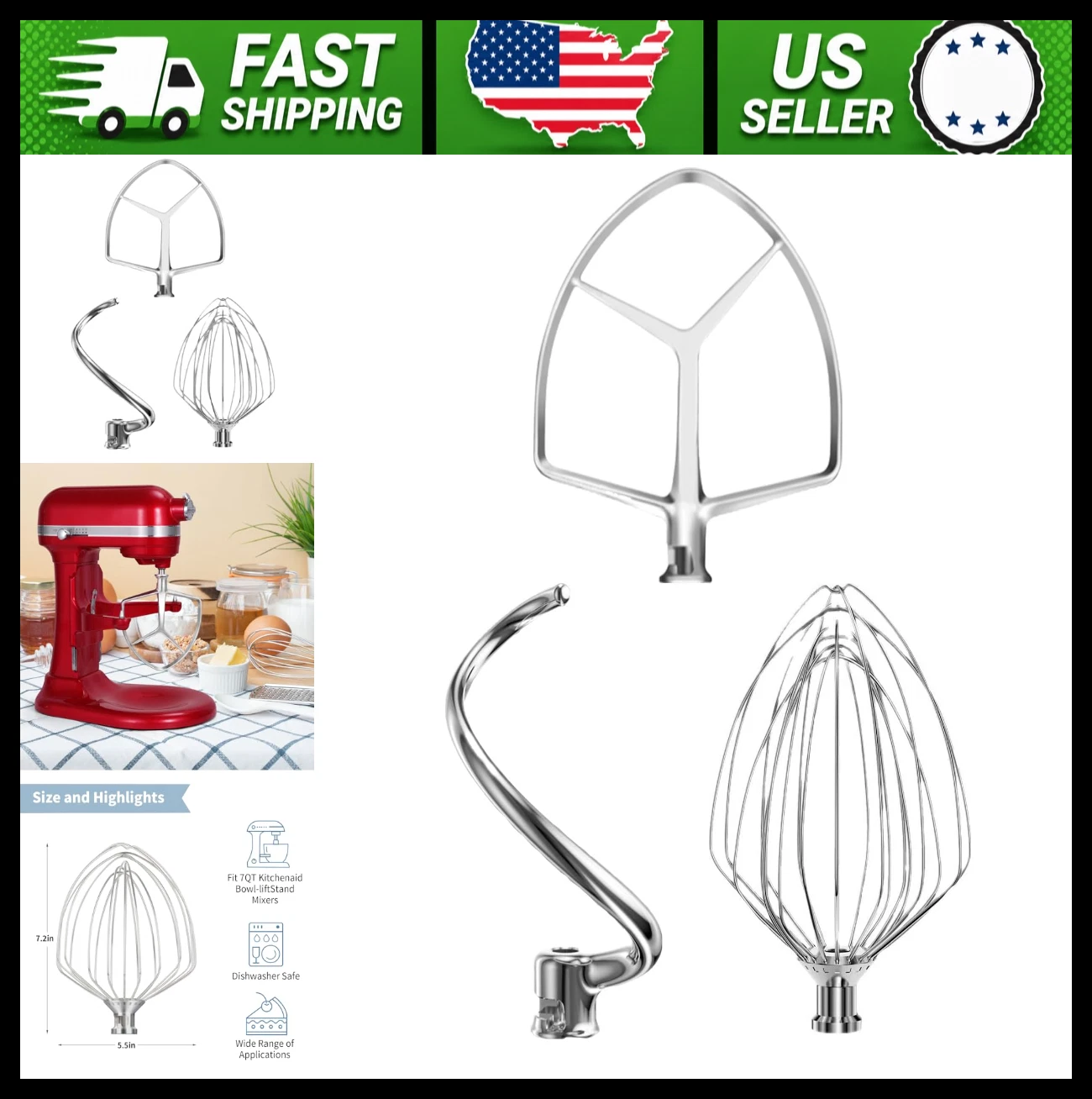 KitchenAid 7QT Mixer Attachment Set Whisk Beater Dough Hook Stainless Steel