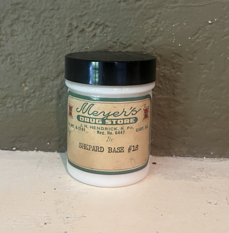 VTG MEYER'S DRUG STORE CARY ILLINOIS MILKGLASS PRESCRIPTION JAR - ca 1940-50s