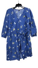 Old Navy Dress Womens 2X Plus Blue Floral V Neck Belted Wrap 3/4 Sleeve Cotton
