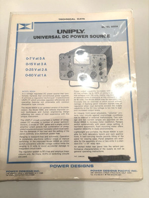 UNIPLY UNIVERSAL DC POWER SOURCE - MODEL 6050A - TECHNICAL DATA  - BY POWER DES.