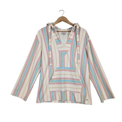Pull & Bear Pacific Republic Pullover Hoodie Sz S Ivory Multi Striped OVERSIZED