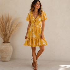 Flying Tomato Floral Mini Dress S Yellow Ruffle Boho Cottagecore NWT