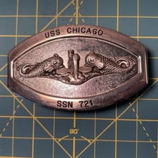 USS CHICAGO SSN 721 Steel BRASS BELT BUCKLE Military Vintage USA MADE GREAT cond