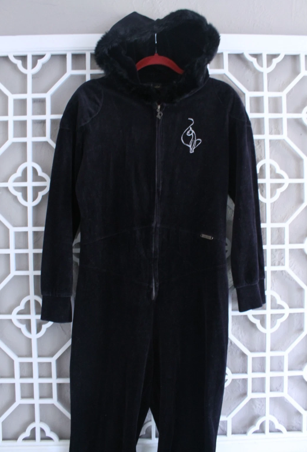 Vintage Baby Phat Jumpsuit Womens XL Black Velour Zip Retro Faux Fur Hood 36W