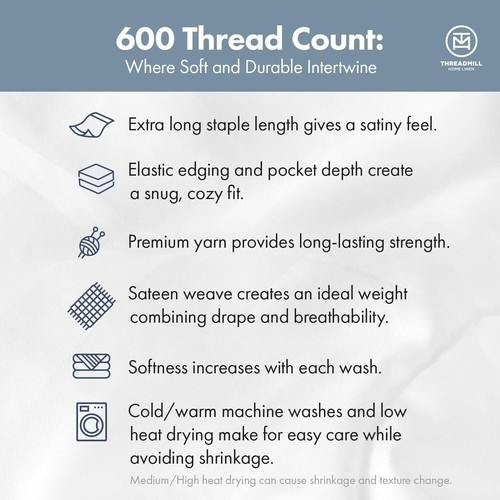 Threadmill Twin XL Sheet Set 100% Cotton Twin XL 600 Thread Count Deep Pocket + - Picture 8 of 13
