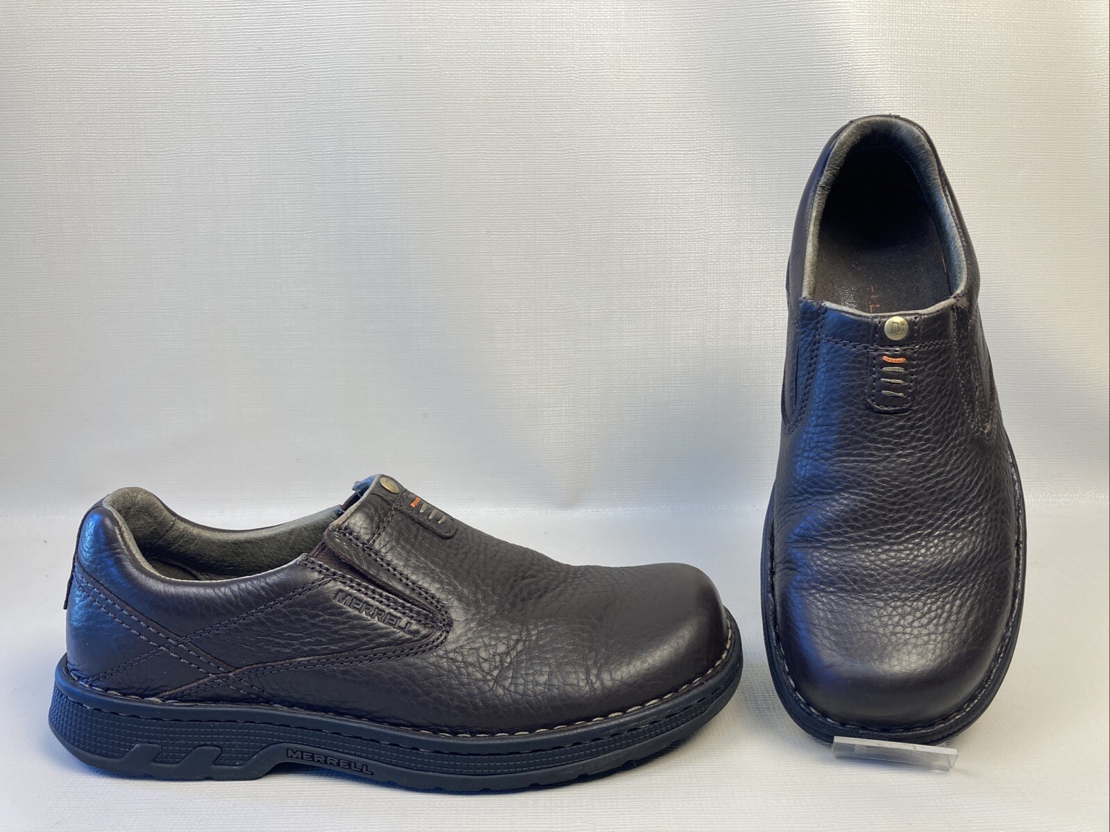 Scarpe slip on Merrell da uomo taglia 9 5 J45051 World Legend in pelle marrone stollen