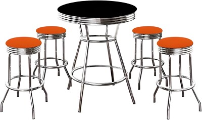 Black Chrome Bar Table w 4 Orange Vinyl Swivel Bar Stools Chairs Set New Custom