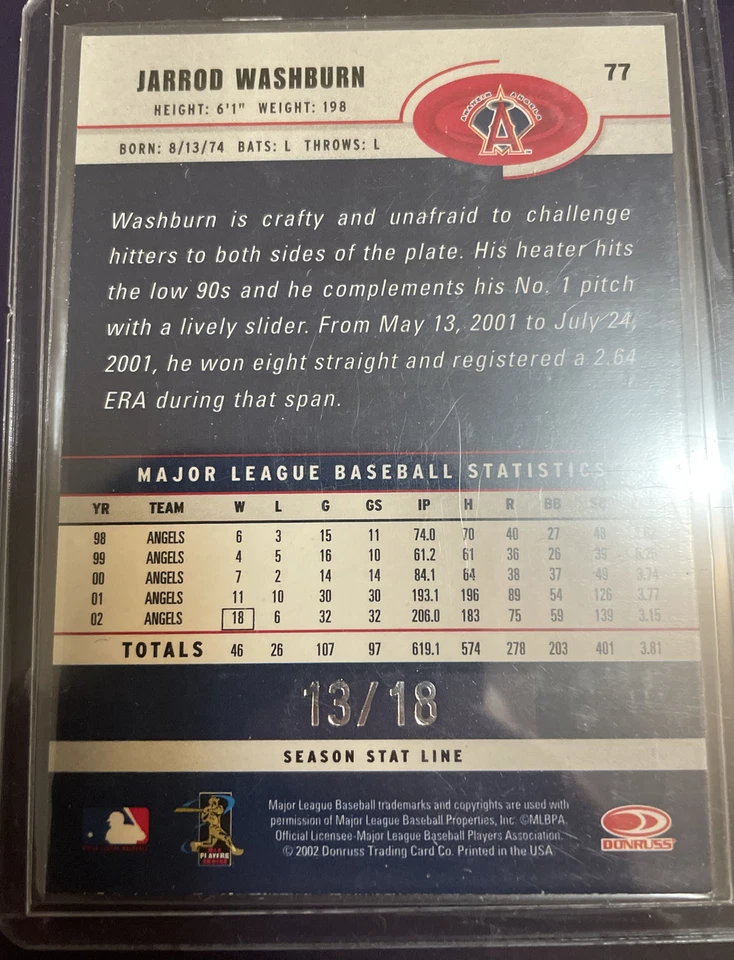 2003 Donruss Season Stat Line #77 Jarrod Washburn #d 13/18. - Image 2 of 2