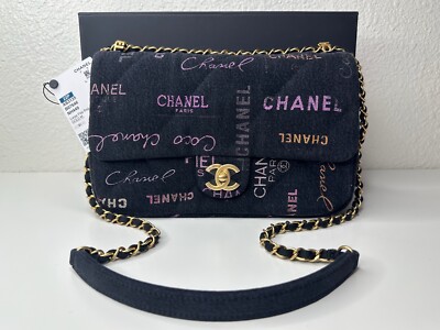 NWT 22P Chanel Classic Black Printed Denim Large Flap Bag Gold HW