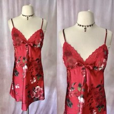 Vintage Y2K 90s Slip Dress Medium Red Floral Satin Lace Chemise Coquette Bow