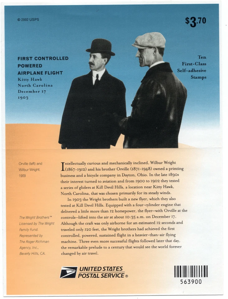 Scott #3783 FIRST FLIGHT (Wright Brothers) Sheet of 10 Stamps - MNH - Image 2 of 2