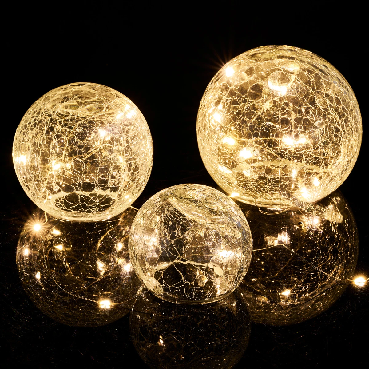 3pc Fairy Light Crackle Glass Orbs Set of 3 Warm White LED Ball Lights Home UK
