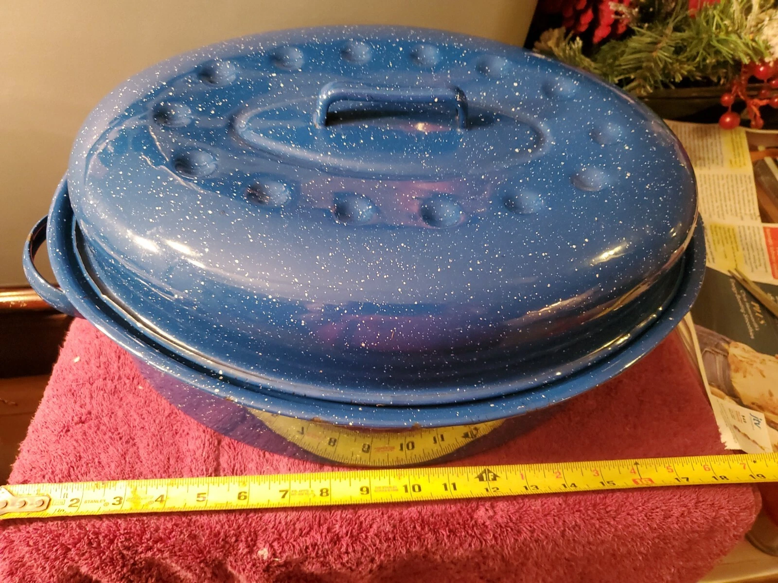 Vintage Oval Oven Roaster Pan Enamel w/ Lid Blue Speckled