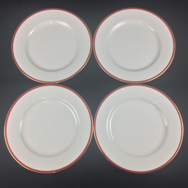 Crate & Barrel FOUR 10 1/4" Dinner Plates White Red Trim Gold Monno