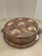 Antique Hand Made Copper Escargot Cooking Pan with Brass Handles 11.5”Dia