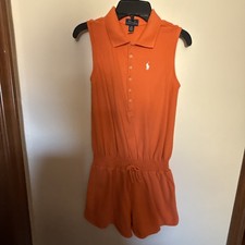 Polo Ralph Lauren Girls Orange Polo Romper Sleeveless Shorts Size L 12-14 EUC