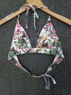 Victorias Secret Medium White Floral Triangle Plunge Padded Swim Bikini Top