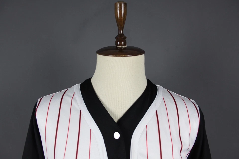 Karl Kani Sport White Striped V-Neck Big Logo Short Sleeve Snap Front Shirt Sz S - Image 2 of 4