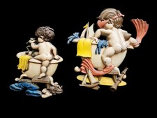 Vintage Pair Bathtub Plaques Sexton Cast Metal Wall Hanging Bathroom Boy Frog