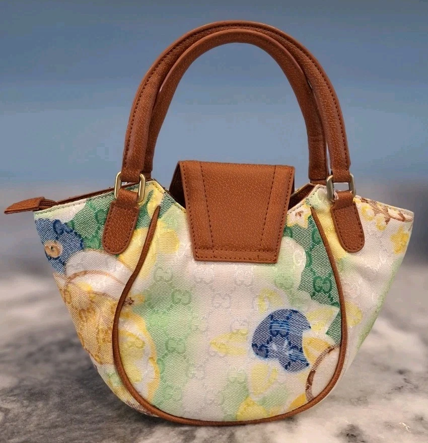 GUCCI Tapestry Made In Italy Small Multi Colors In Green / Yellow Handbag Tote - Image 3 of 4