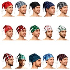 Men Plaid Sleeping Night Stocking Cap Hat w/Pom Ball Tassel Christmas Nightwear
