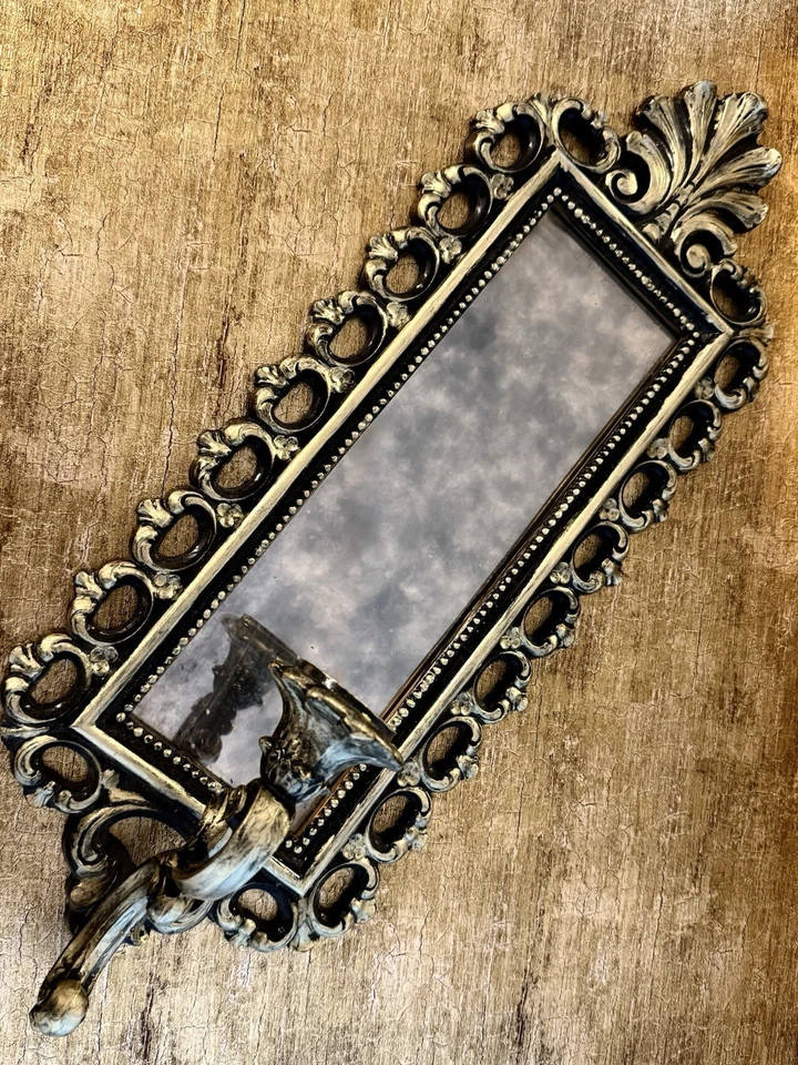 VTG French FleurDeLis Victorian Gothic Style Wall Magic Mirror Decoration Sconce - Image 4 of 4