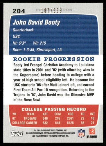 2008 Topps Rookie Progression John David Booty /389 #204 *A* - Picture 2 of 2