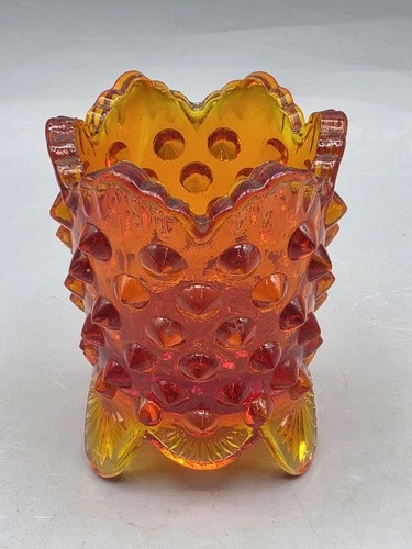 VINTAGE Fenton Amberina Hobnail Glass Toothpick Holder Footed - Cadmium Glow